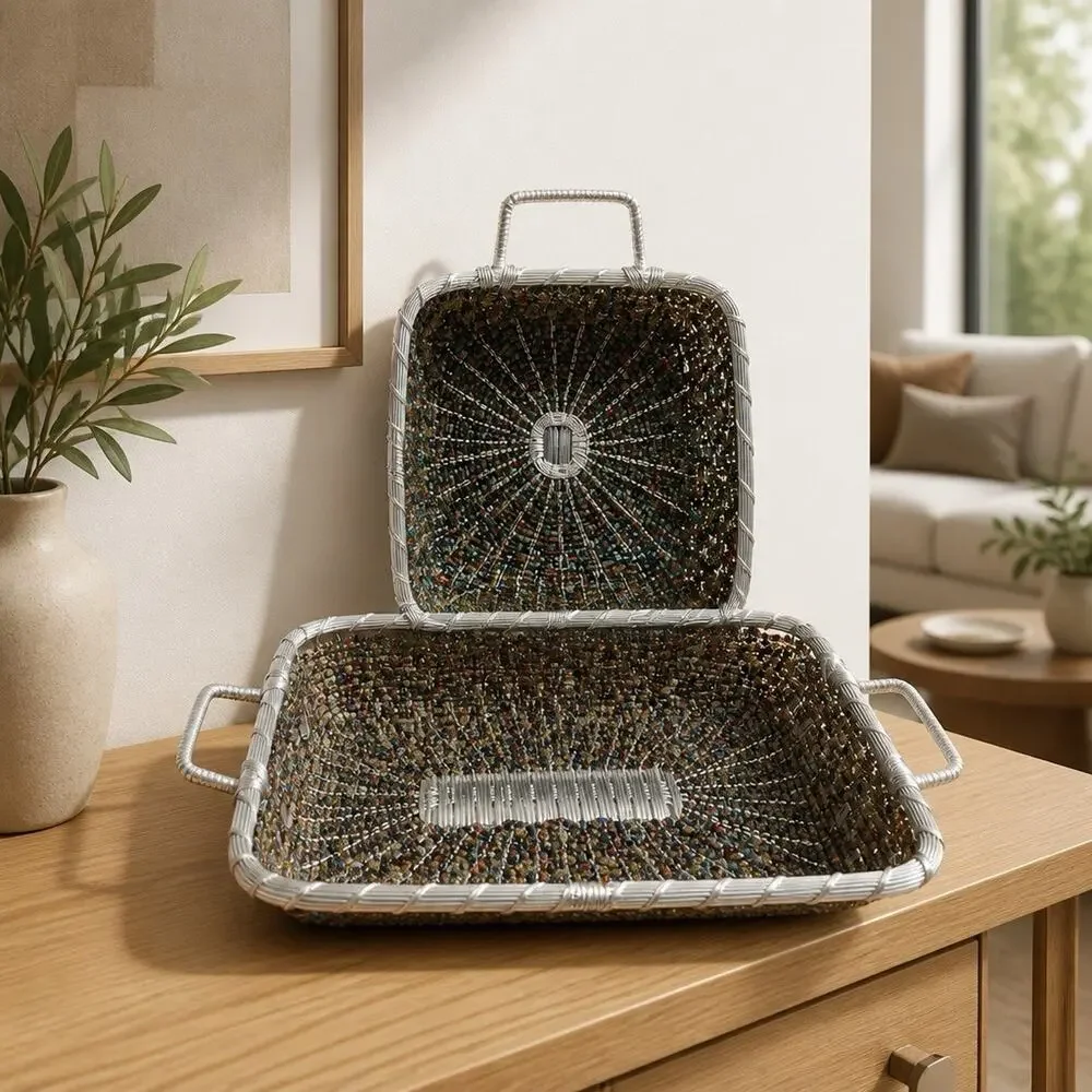 Beautiful Tray Multi Bead Art Silver Metal Woven Basket Made In India Set Of 2